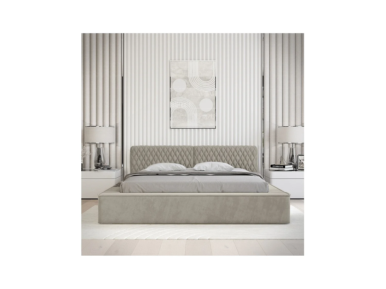 Lit coffre VERNON – Tissu chenille bouclé Taupe fumé – 180x200 cm – Sommier relevable – Design haut de gamme