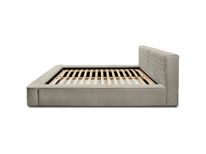 Lit coffre VERNON – Tecido chenille bouclé Taupe fumé – 180x200 cm – Estrado elevatório – Design de alta qualidade