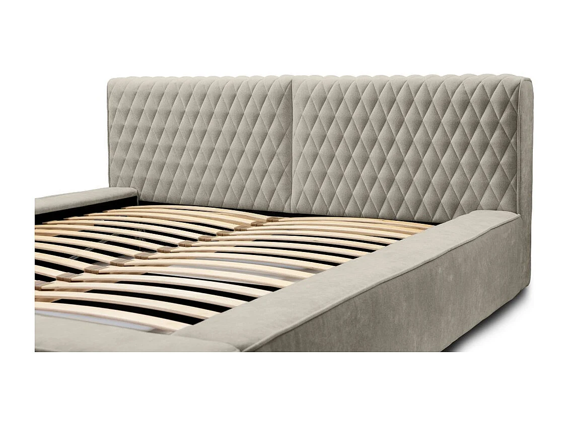 Lit coffre VERNON – Tecido chenille bouclé Taupe fumé – 180x200 cm – Estrado elevatório – Design de alta qualidade