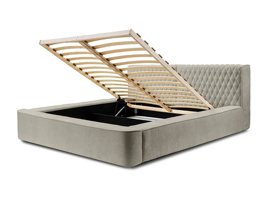 Lit coffre VERNON – Tecido chenille bouclé Taupe fumé – 180x200 cm – Estrado elevatório – Design de alta qualidade