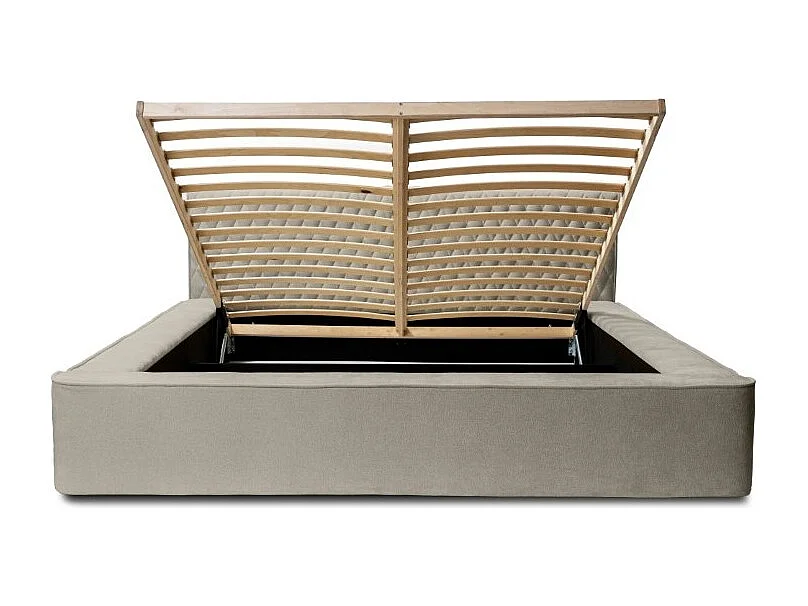 Lit coffre VERNON – Tecido chenille bouclé Taupe fumé – 180x200 cm – Estrado elevatório – Design de alta qualidade