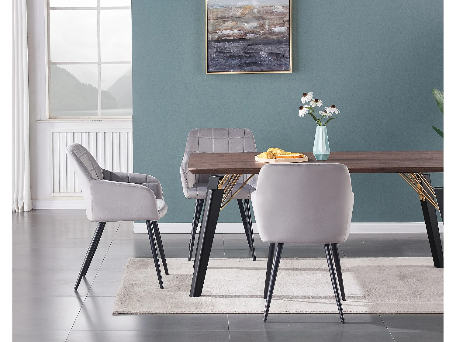 Ensemble de 2 chaises de salle à manger Camden - Tapissées de velours avec pieds en métal - Gris clair