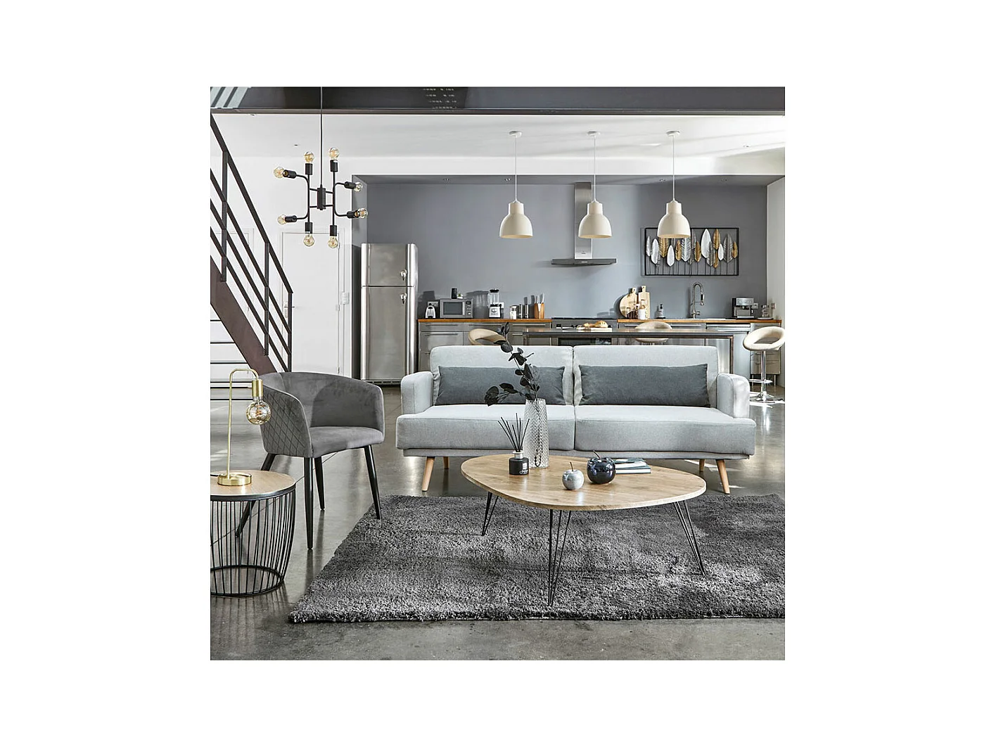 Chaise Fauteuil de table en Velours Bleu et pieds en métal noir