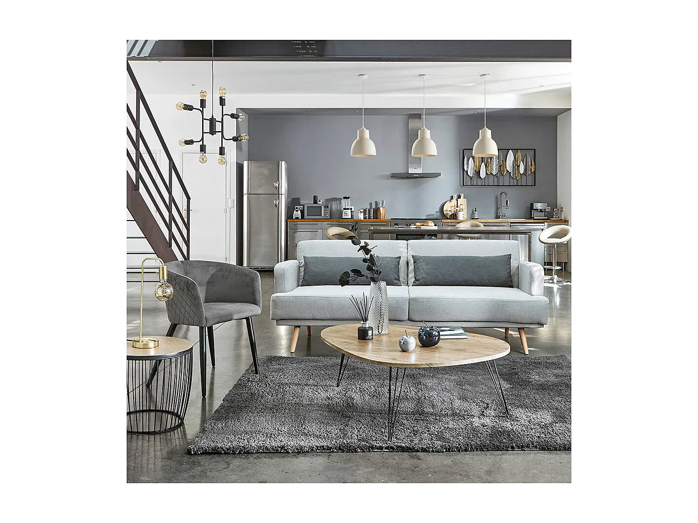 Chaise Fauteuil de table en Velours Bleu et pieds en métal noir