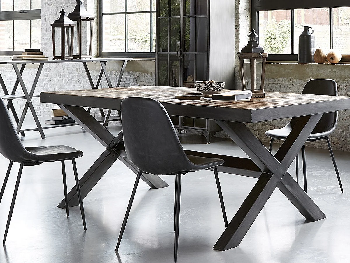 Chaise de table Marron effet vieilli et pieds en métal noir