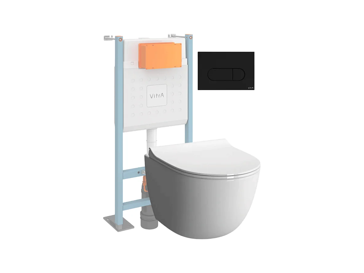 Pack WC suspendu VITRA Sento blanc + bâti autoportant V-Fix Core + Plaque Round Noir mat