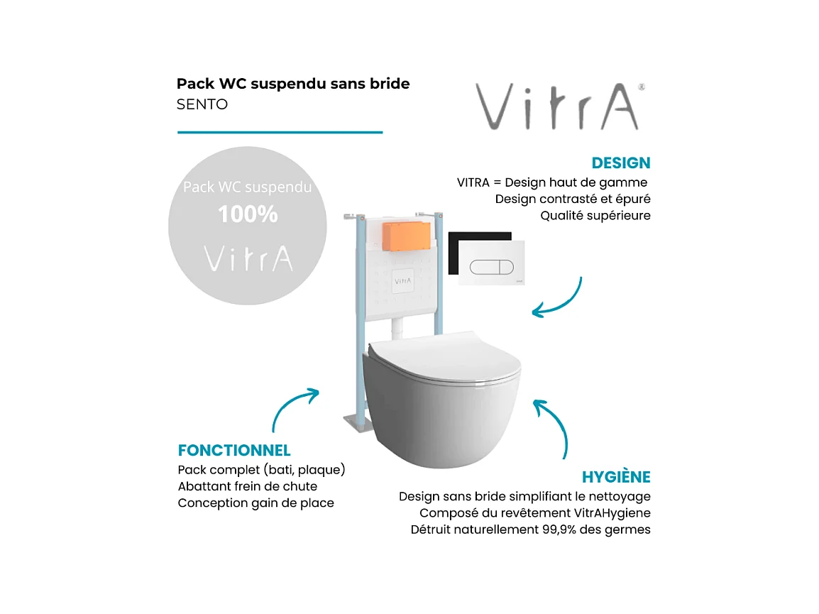 Pack WC suspendu VITRA Sento blanc + bâti autoportant V-Fix Core + Plaque Round Noir mat
