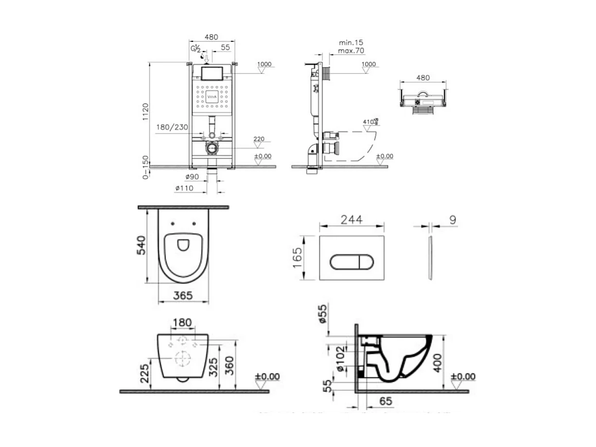 Pack WC suspendu VITRA Sento blanc + bâti autoportant V-Fix Core + Plaque Round Noir mat