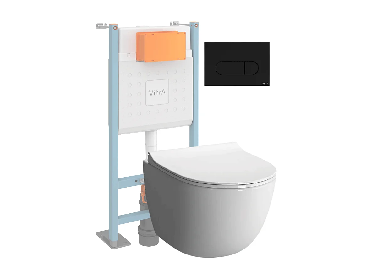 Pack WC suspendu VitrA Sento blanc + bâti autoportant V-Fix Core + Plaque Round Noir mat