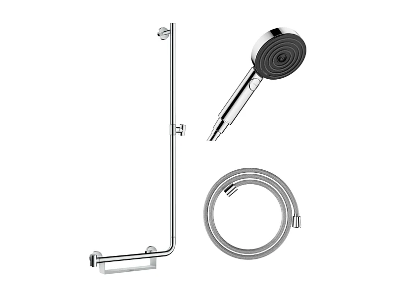 Barre de douche PMR HANSGROHE Unica 110 poignée à gauche Chromé + Pommeau de douche Pulsify 3 jets + flexible Designflex 160cm