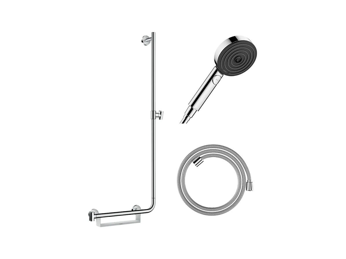 Barre de douche PMR HANSGROHE Unica 110 poignée à gauche Chromé + Pommeau de douche Pulsify 3 jets + flexible Designflex 160cm