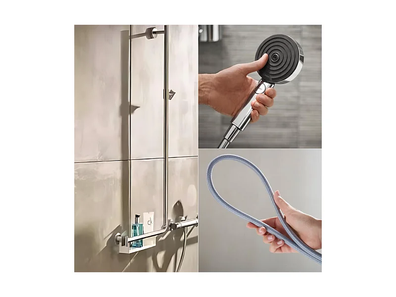 Barre de douche PMR HANSGROHE Unica 110 poignée à gauche Chromé + Pommeau de douche Pulsify 3 jets + flexible Designflex 160cm