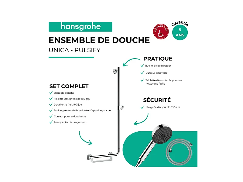 Barre de douche PMR HANSGROHE Unica 110 poignée à gauche Chromé + Pommeau de douche Pulsify 3 jets + flexible Designflex 160cm