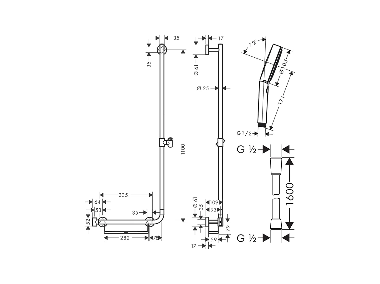 Barre de douche PMR HANSGROHE Unica 110 poignée à gauche Chromé + Pommeau de douche Pulsify 3 jets + flexible Designflex 160cm