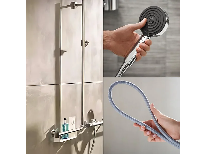 Barre de douche PMR HANSGROHE Unica 110 poignée à gauche Chromé + Pommeau de douche Pulsify 3 jets + flexible Designflex 160cm