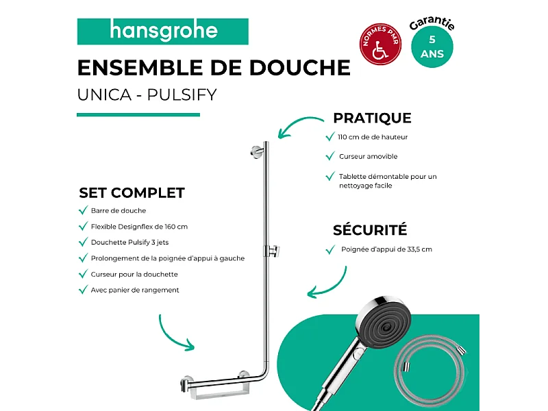 Barre de douche PMR HANSGROHE Unica 110 poignée à gauche Chromé + Pommeau de douche Pulsify 3 jets + flexible Designflex 160cm