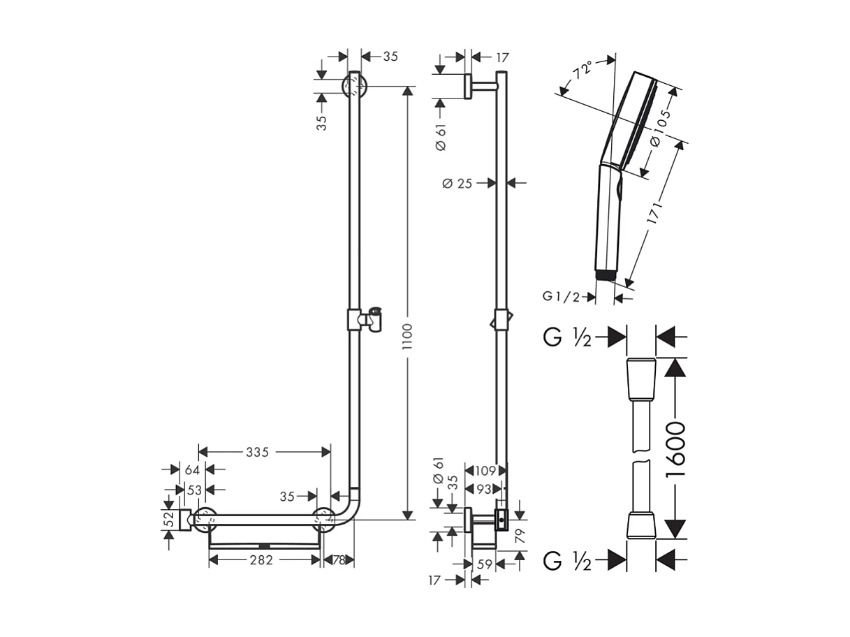 Barre de douche PMR HANSGROHE Unica 110 poignée à gauche Chromé + Pommeau de douche Pulsify 3 jets + flexible Designflex 160cm