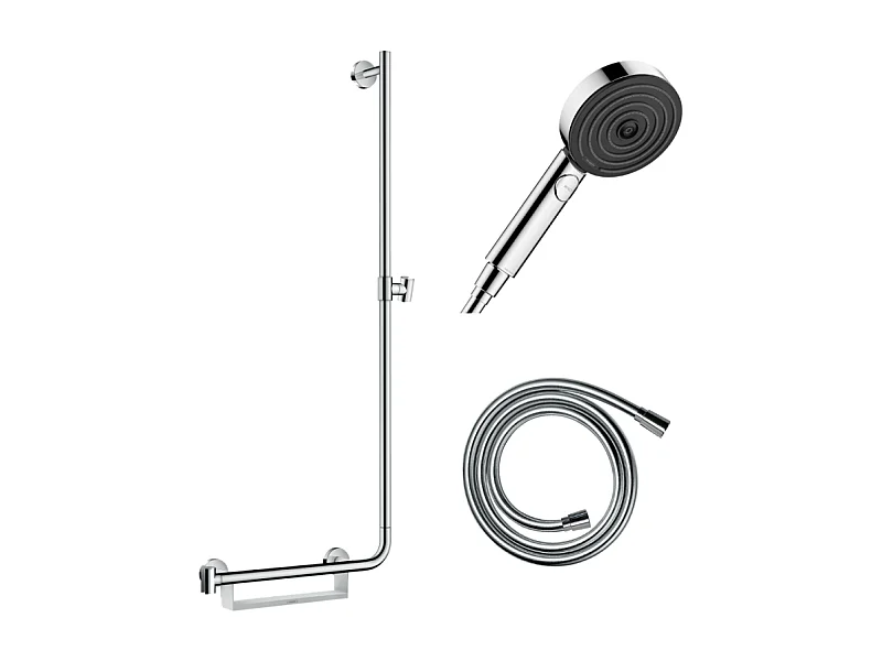 Barre de douche PMR HANSGROHE Unica 110 avec poignée à gauche Chromé + Pommeau de douche Pulsify 3 jets + flexible Isiflex 160cm