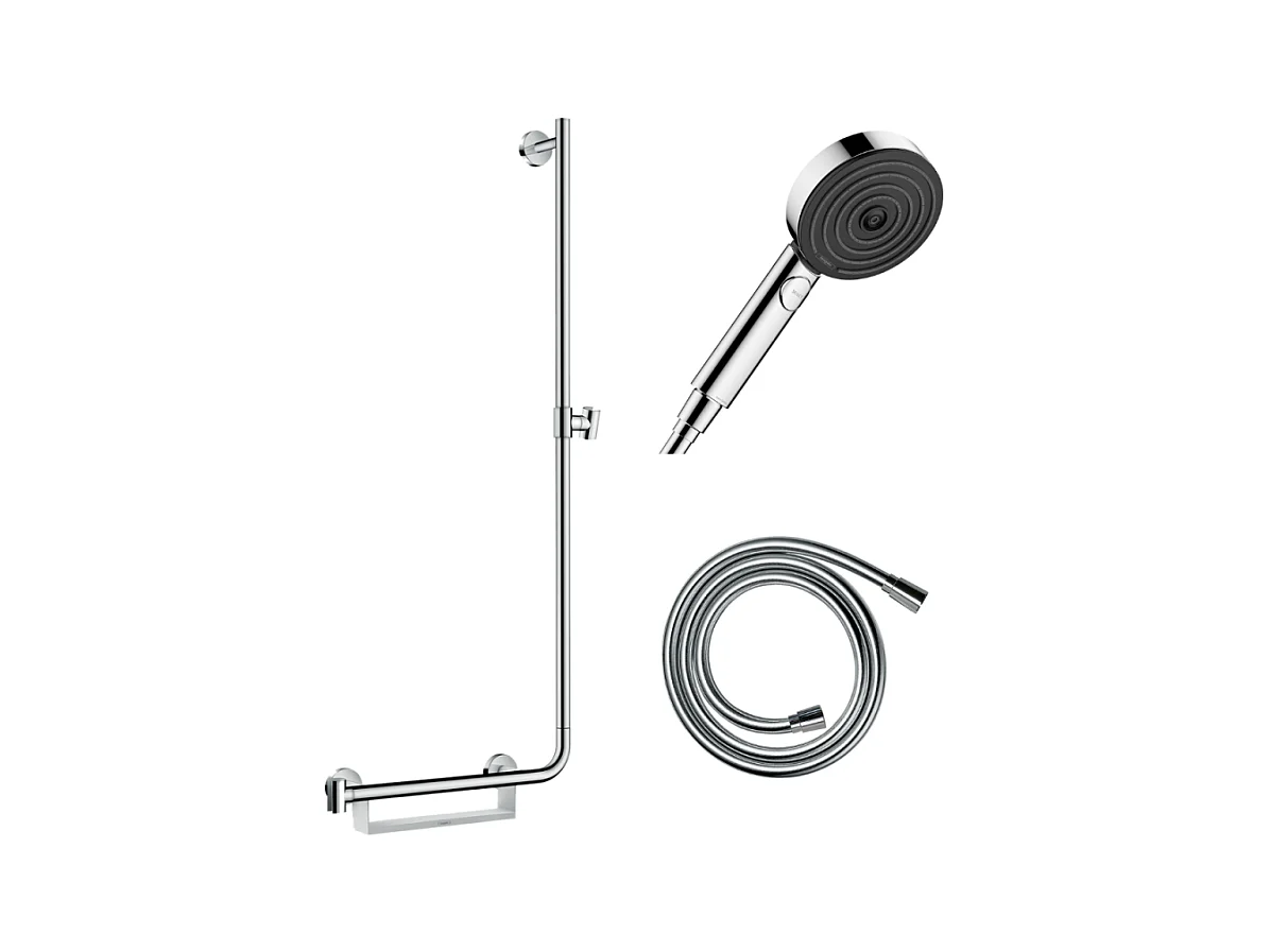 Barre de douche PMR HANSGROHE Unica 110 avec poignée à gauche Chromé + Pommeau de douche Pulsify 3 jets + flexible Isiflex 160cm