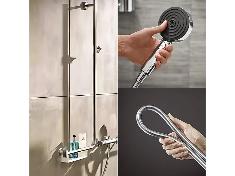 Barre de douche PMR HANSGROHE Unica 110 avec poignée à gauche Chromé + Pommeau de douche Pulsify 3 jets + flexible Isiflex 160cm