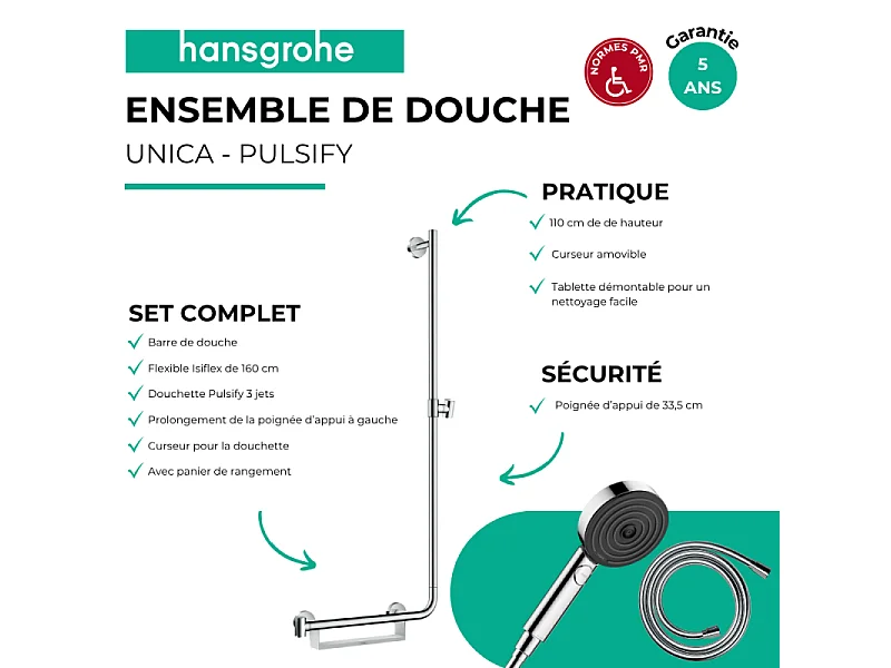 Barre de douche PMR HANSGROHE Unica 110 avec poignée à gauche Chromé + Pommeau de douche Pulsify 3 jets + flexible Isiflex 160cm