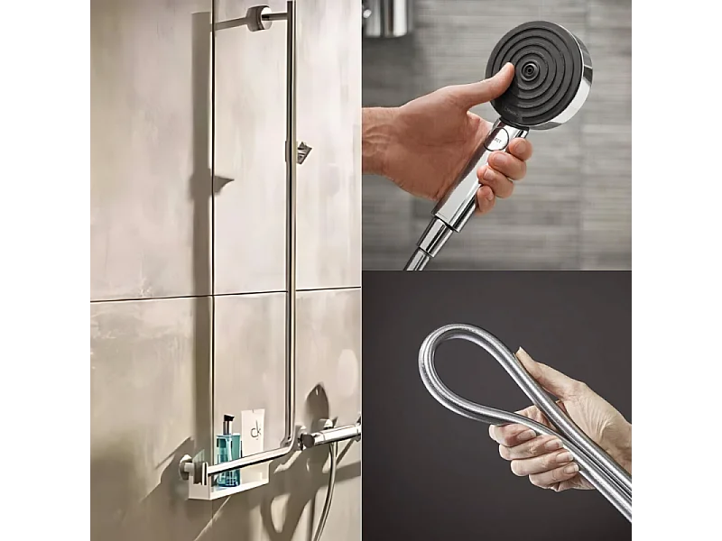 Barre de douche PMR HANSGROHE Unica 110 avec poignée à gauche Chromé + Pommeau de douche Pulsify 3 jets + flexible Isiflex 160cm