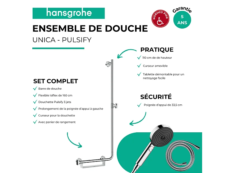 Barre de douche PMR HANSGROHE Unica 110 avec poignée à gauche Chromé + Pommeau de douche Pulsify 3 jets + flexible Isiflex 160cm
