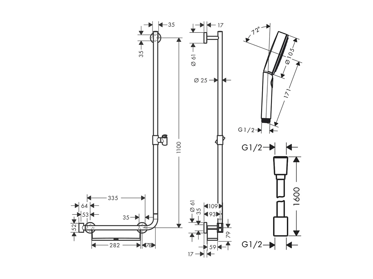 Barre de douche PMR HANSGROHE Unica 110 avec poignée à gauche Chromé + Pommeau de douche Pulsify 3 jets + flexible Isiflex 160cm