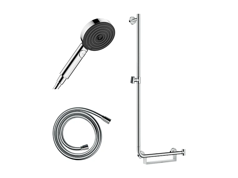 Barre de douche PMR HANSGROHE Unica 110 avec poignée à droite Chromé + Pommeau de douche Pulsify 3 jets + flexible Isiflex 160cm