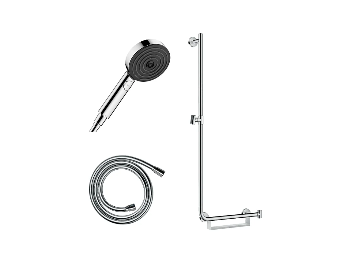 Barre de douche PMR HANSGROHE Unica 110 avec poignée à droite Chromé + Pommeau de douche Pulsify 3 jets + flexible Isiflex 160cm