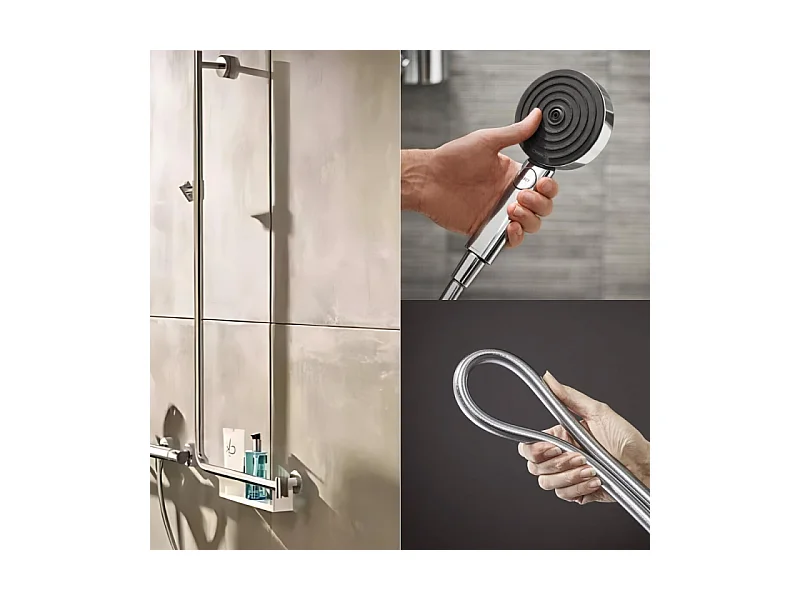 Barre de douche PMR HANSGROHE Unica 110 avec poignée à droite Chromé + Pommeau de douche Pulsify 3 jets + flexible Isiflex 160cm