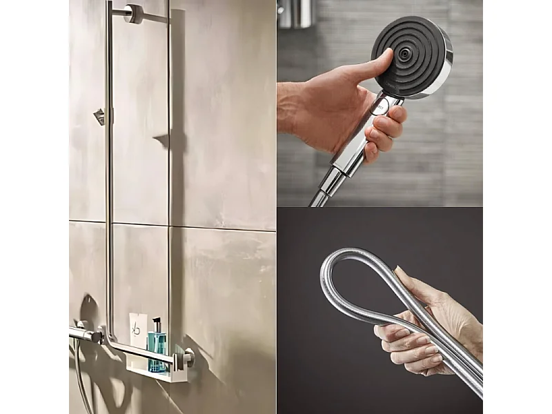 Barre de douche PMR HANSGROHE Unica 110 avec poignée à droite Chromé + Pommeau de douche Pulsify 3 jets + flexible Isiflex 160cm