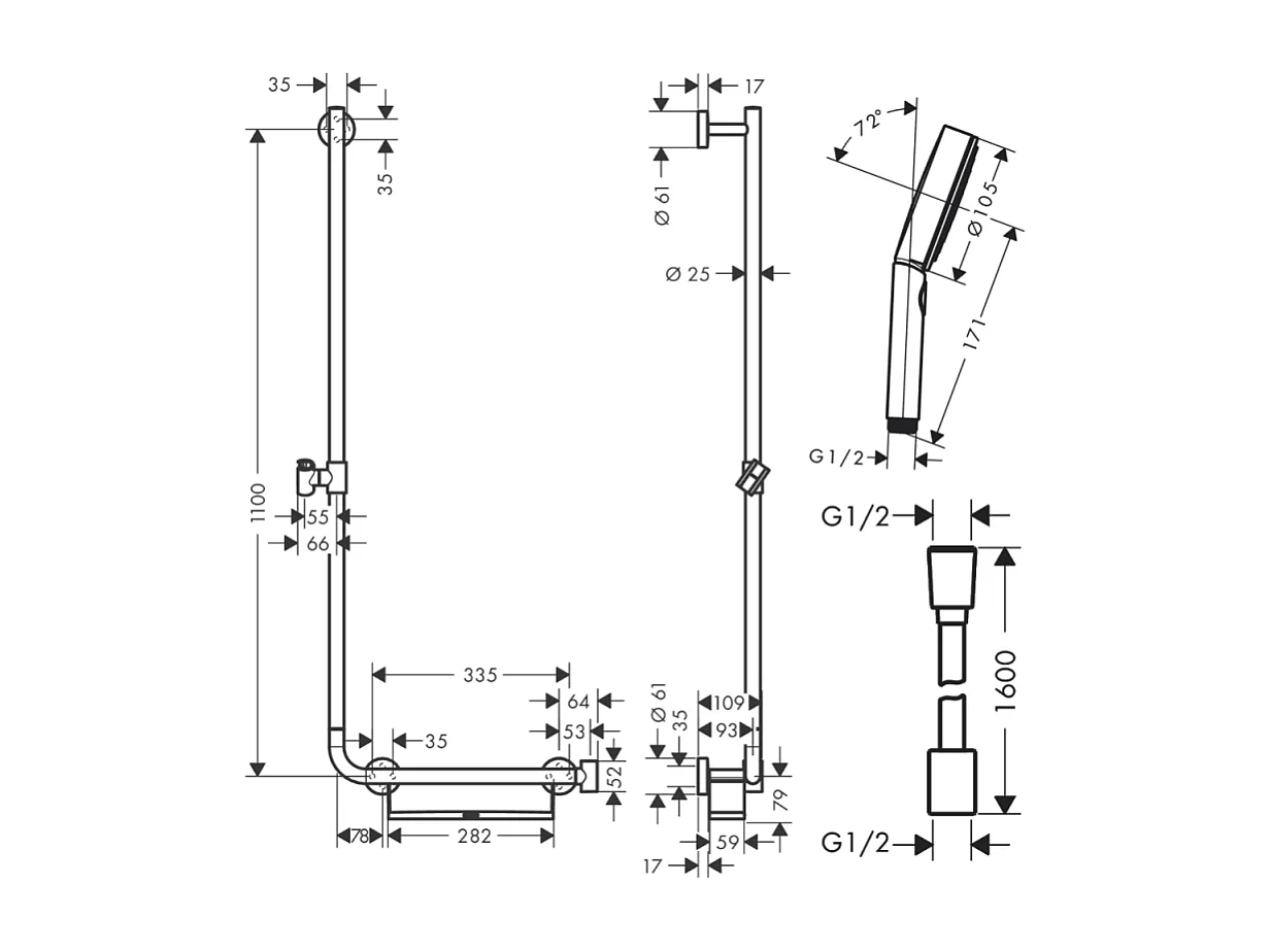 Barre de douche PMR HANSGROHE Unica 110 avec poignée à droite Chromé + Pommeau de douche Pulsify 3 jets + flexible Isiflex 160cm