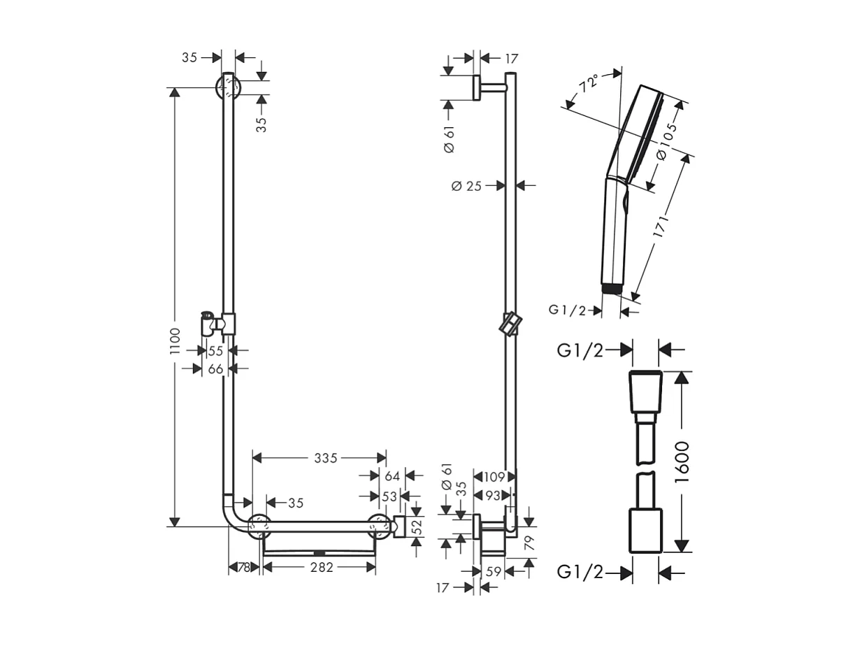 Barre de douche PMR HANSGROHE Unica 110 avec poignée à droite Chromé + Pommeau de douche Pulsify 3 jets + flexible Isiflex 160cm