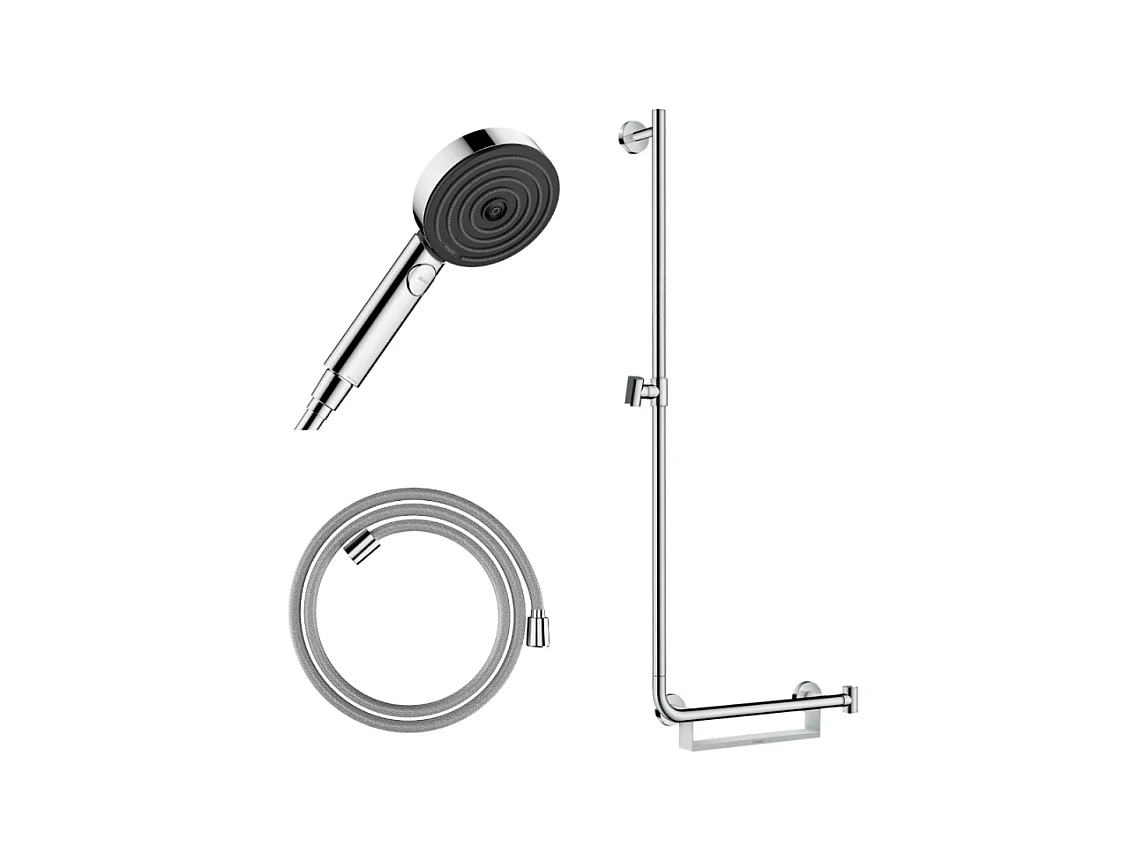 Barre de douche PMR HANSGROHE Unica 110 poignée à droite Chromé + Pommeau de douche Pulsify 3 jets + flexible Designflex 160cm