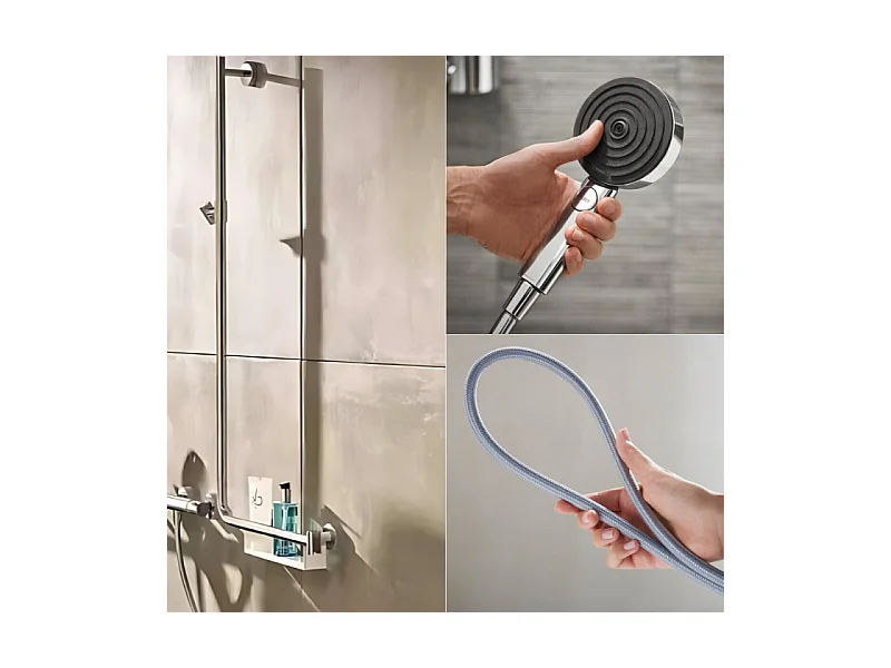 Barre de douche PMR HANSGROHE Unica 110 poignée à droite Chromé + Pommeau de douche Pulsify 3 jets + flexible Designflex 160cm