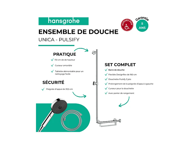 Barre de douche PMR HANSGROHE Unica 110 poignée à droite Chromé + Pommeau de douche Pulsify 3 jets + flexible Designflex 160cm