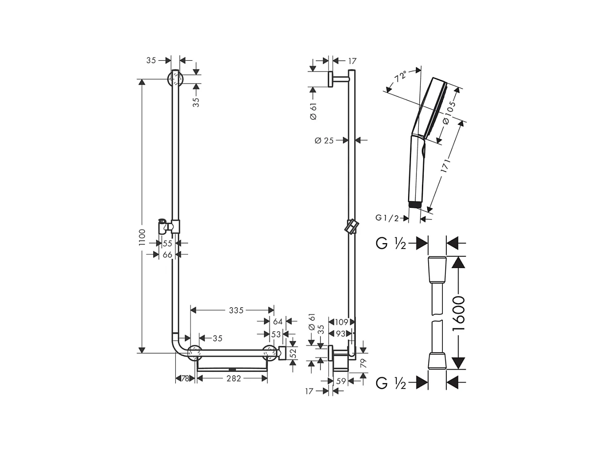 Barre de douche PMR HANSGROHE Unica 110 poignée à droite Chromé + Pommeau de douche Pulsify 3 jets + flexible Designflex 160cm
