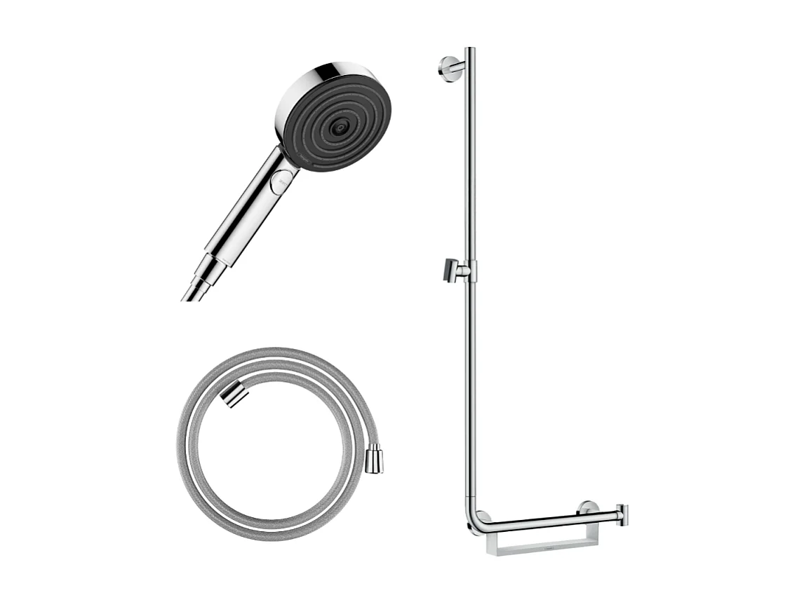 Barre de douche PMR HANSGROHE Unica 110 poignée à droite Chromé + Pommeau de douche Pulsify 3 jets + flexible Designflex 160cm