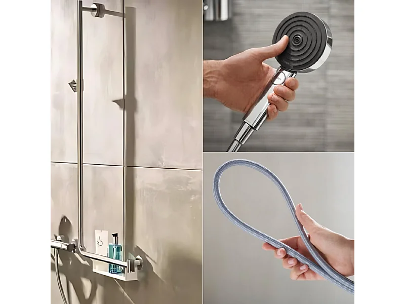 Barre de douche PMR HANSGROHE Unica 110 poignée à droite Chromé + Pommeau de douche Pulsify 3 jets + flexible Designflex 160cm