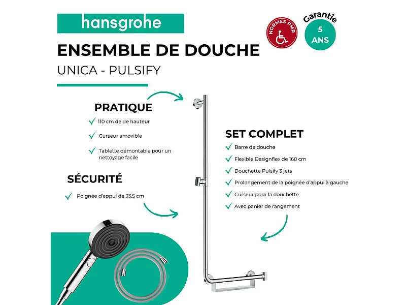 Barre de douche PMR HANSGROHE Unica 110 poignée à droite Chromé + Pommeau de douche Pulsify 3 jets + flexible Designflex 160cm