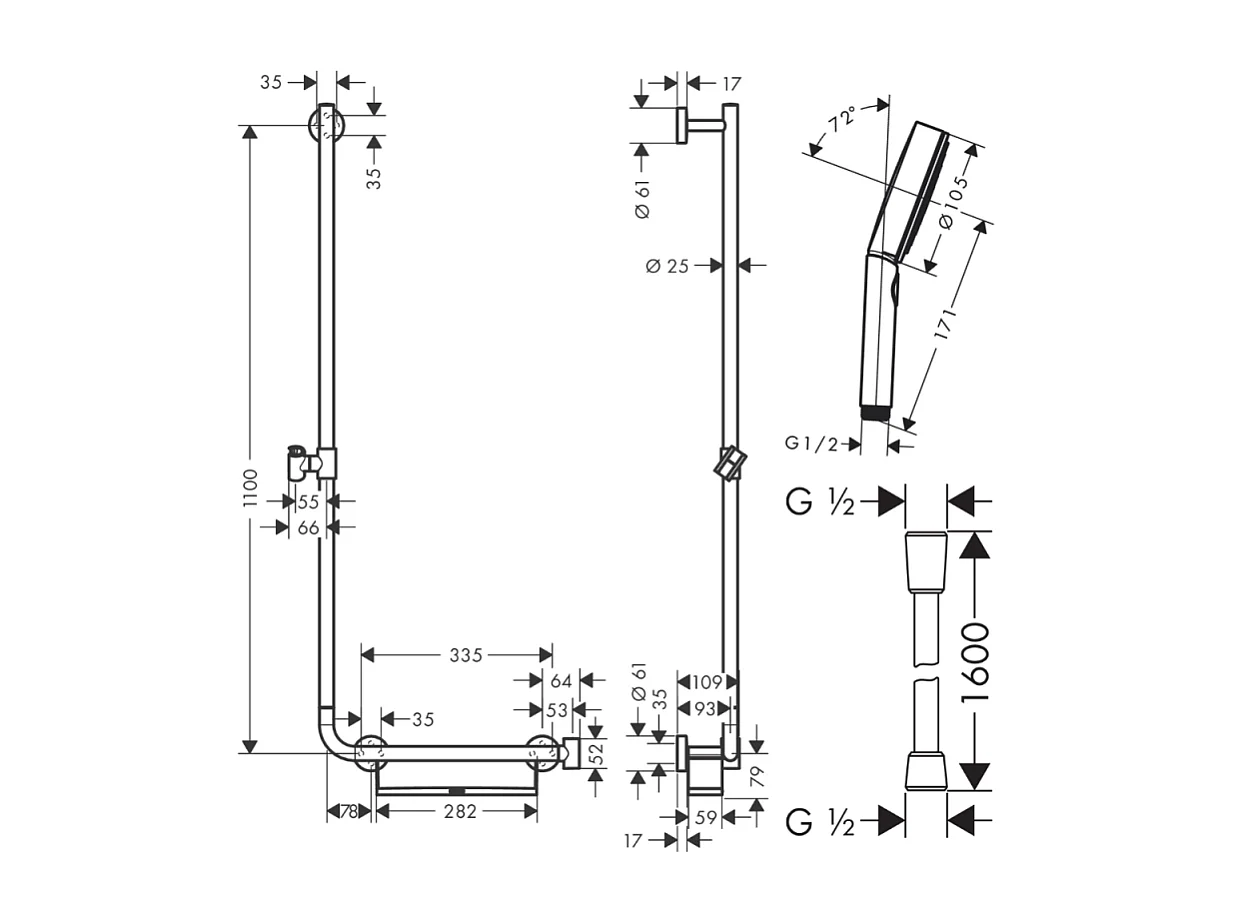 Barre de douche PMR HANSGROHE Unica 110 poignée à droite Chromé + Pommeau de douche Pulsify 3 jets + flexible Designflex 160cm
