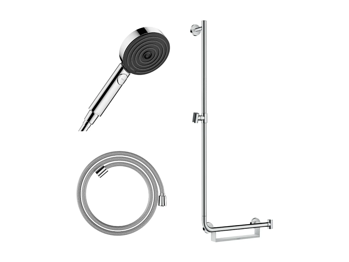 Barre de douche PMR HANSGROHE Unica 110 poignée à droite Chromé + Pommeau de douche Pulsify 3 jets + flexible Designflex 160cm