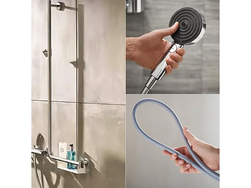 Barre de douche PMR HANSGROHE Unica 110 poignée à droite Chromé + Pommeau de douche Pulsify 3 jets + flexible Designflex 160cm