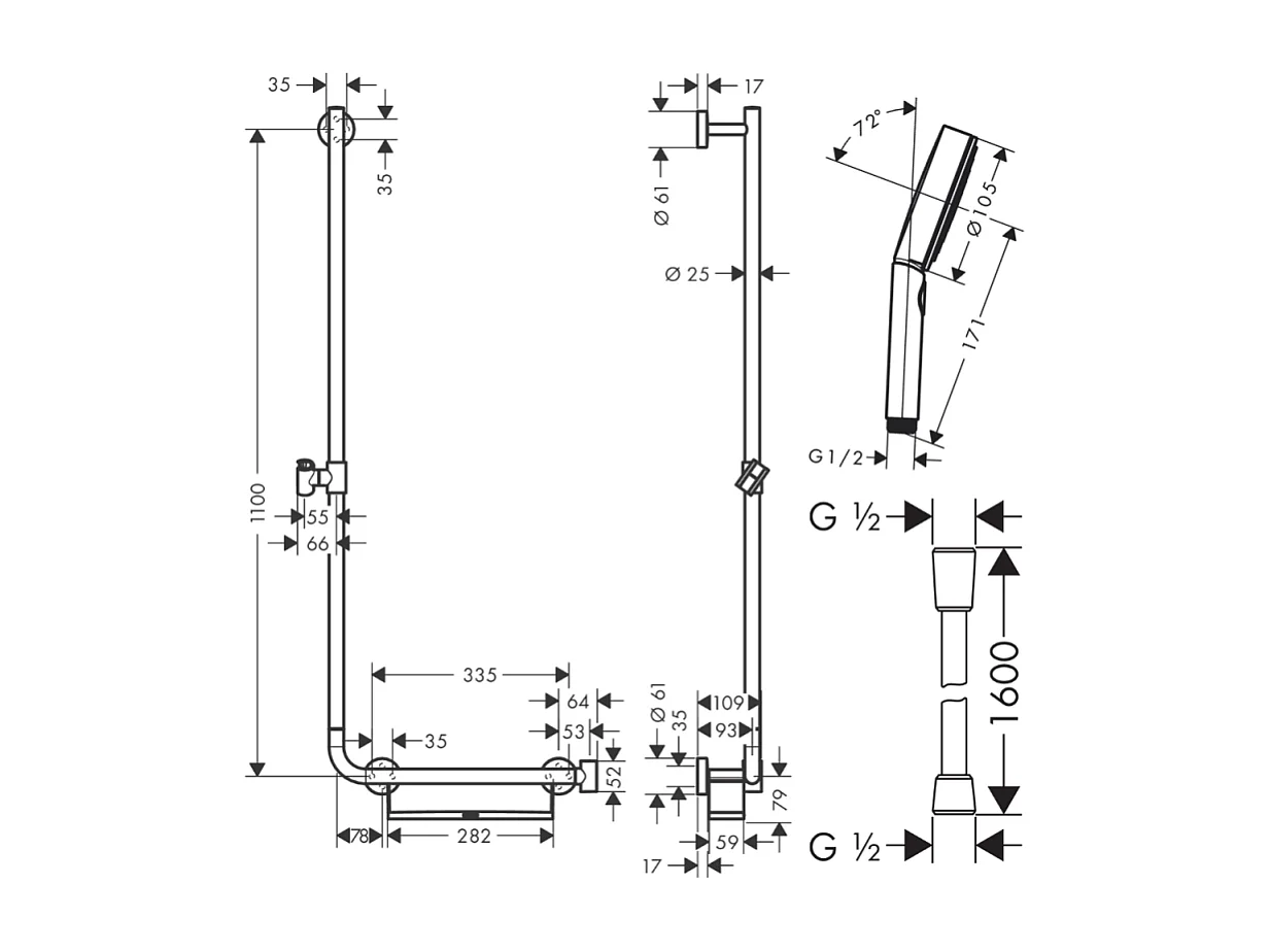 Barre de douche PMR HANSGROHE Unica 110 poignée à droite Chromé + Pommeau de douche Pulsify 3 jets + flexible Designflex 160cm