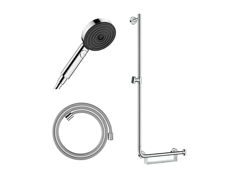 Barre de douche PMR HANSGROHE Unica 110 poignée à droite Chromé + Pommeau de douche Pulsify 3 jets + flexible Designflex 160cm