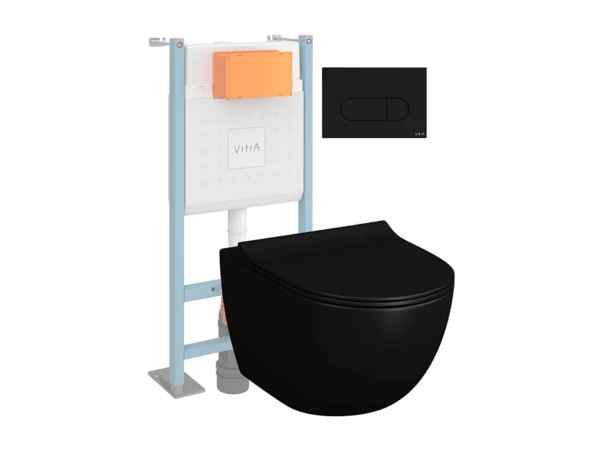 Pack WC suspendu VitrA Sento noir + bâti autoportant V-Fix Core + Plaque Round Noir mat