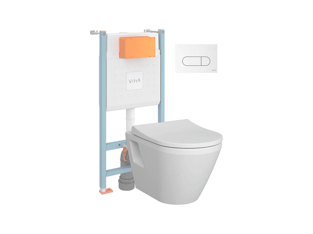 Pack WC suspendu VITRA Integra blanc + bâti mur porteur V-Fix Core + Plaque Round Blanche