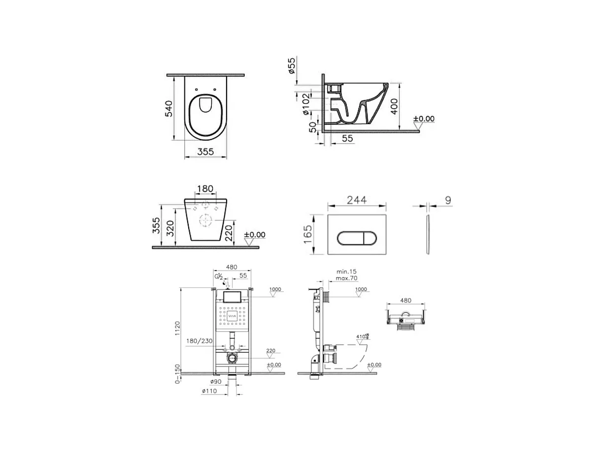 Pack WC suspendu VITRA Integra blanc + bâti mur porteur V-Fix Core + Plaque Round Blanche