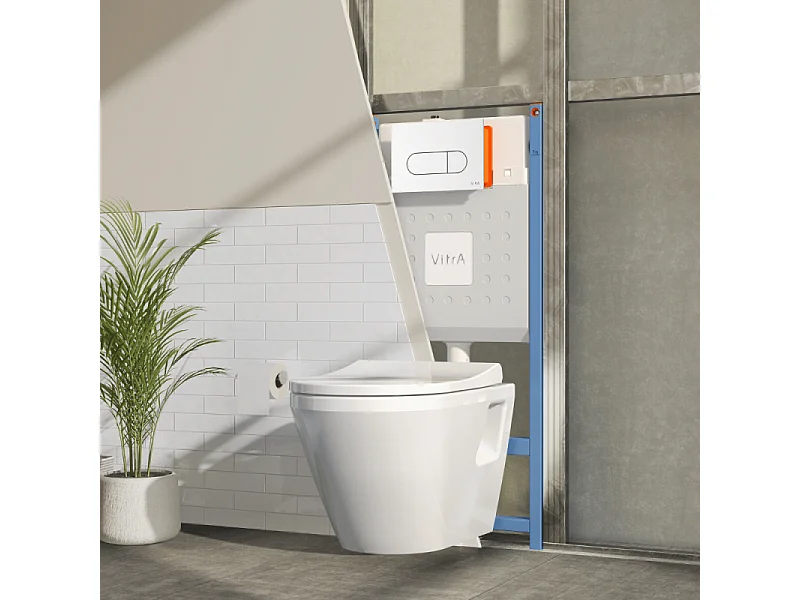 Pack WC suspendu VITRA Integra blanc + bâti mur porteur V-Fix Core + Plaque Round Blanche